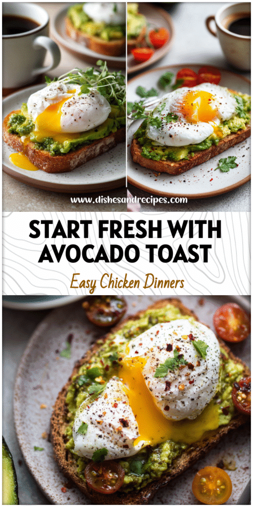 Avocado toast topped with a poached egg beside a cup of coffee on a light breakfast table.